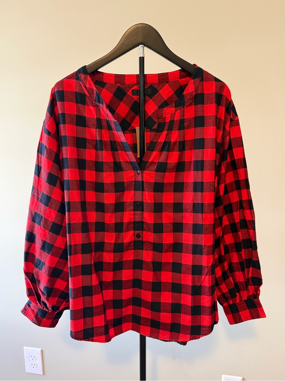 NWT J.Crew Beverly Plaid Buffalo Check Peasant Style Blouse SZ XL (25" P2P)